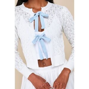 Lulus Beloved Energy Ivory Pointelle Knit Tie-front Cropped Cardigan White